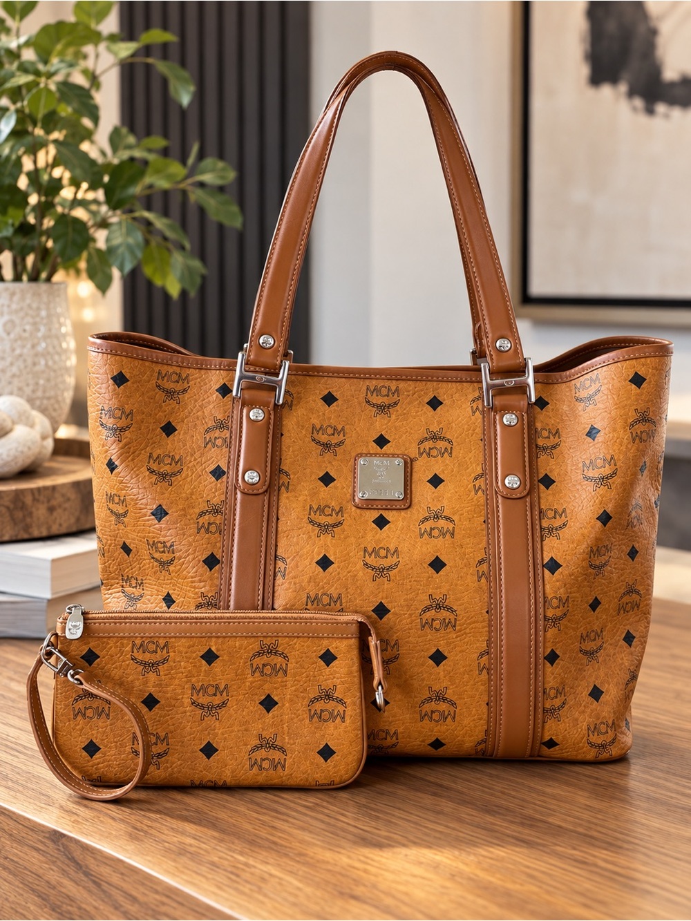 MCM Cognac Visetos Logo Tote with Matching Wristlet